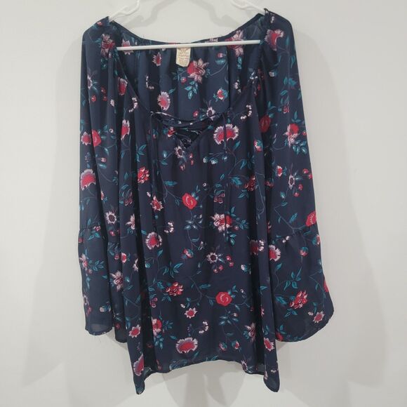 Faded Glory Womens Top Size 3X Floral Blue Peasant Boho - Picture 1 of 8